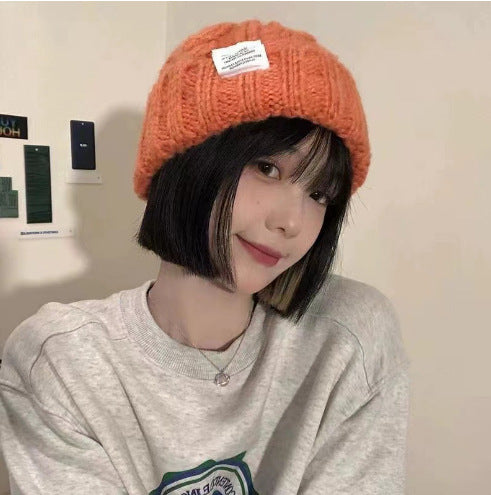 2PCS- Women's Rough Knitted Hat-Autumn and Winter Versatile Big Head Circumference Green Loose Ins Tide Shows Small Face