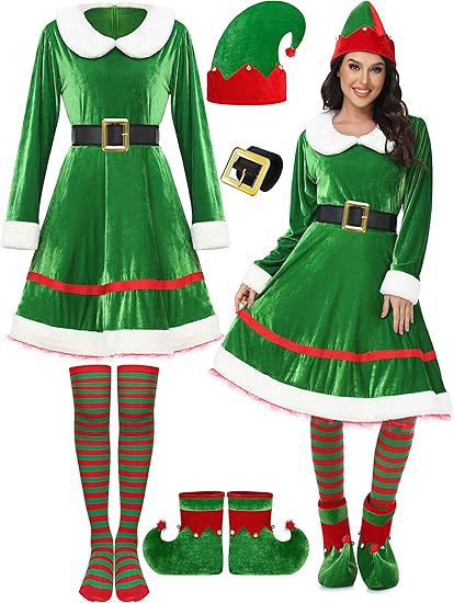 Women's Christmas Elf Costume Set Velvet Dress Belt Striped Over Knee Stockings Elf Hat Character