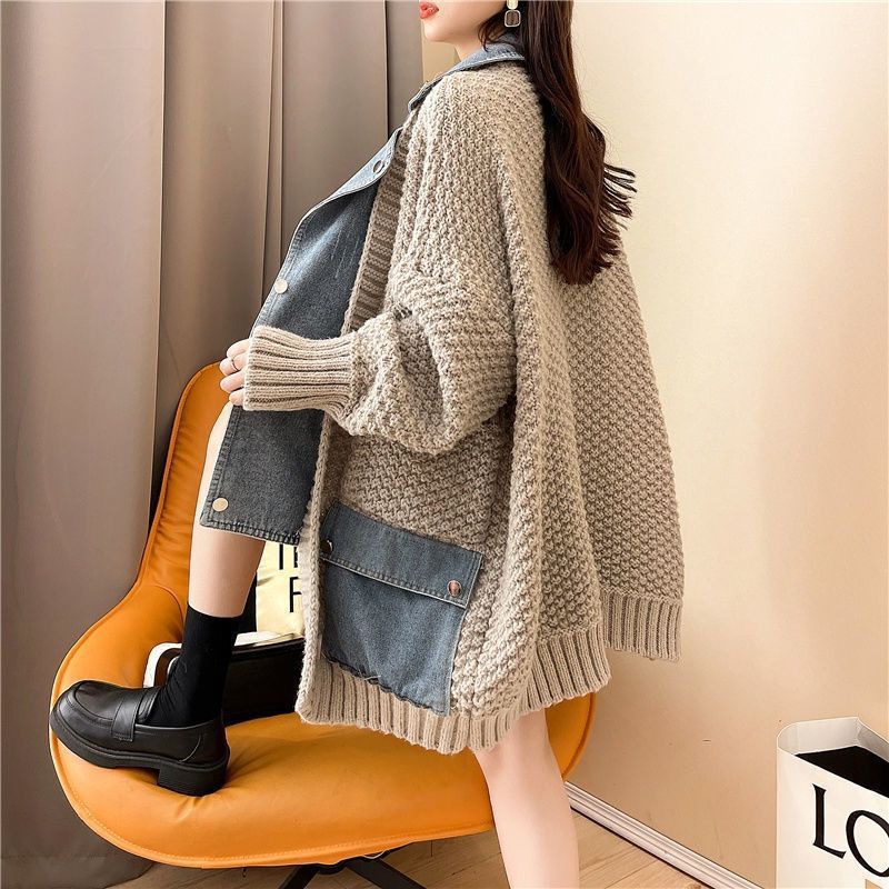 Autumn New Lazy Style Fake Two Pieces Design Loose Knitted Sweater Jacket Cardigan