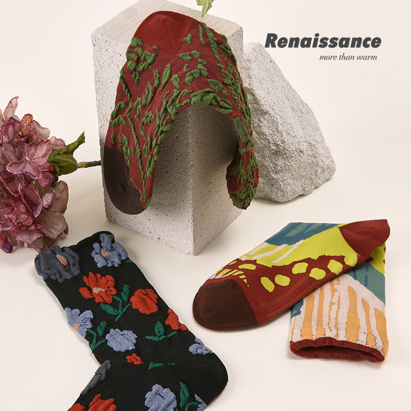 Vintage Renaissance Women’s/Kids’ Thermal Socks - Retro Combed Cotton, Fall-Winter Trendy Design-3PRS