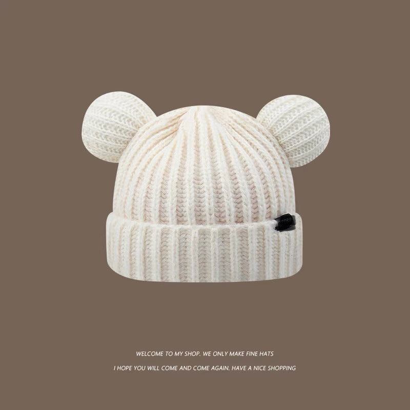 Cute bear wool hat female winter 2024 popular plush warm fluffy autumn and winter big head circumference knitted hat