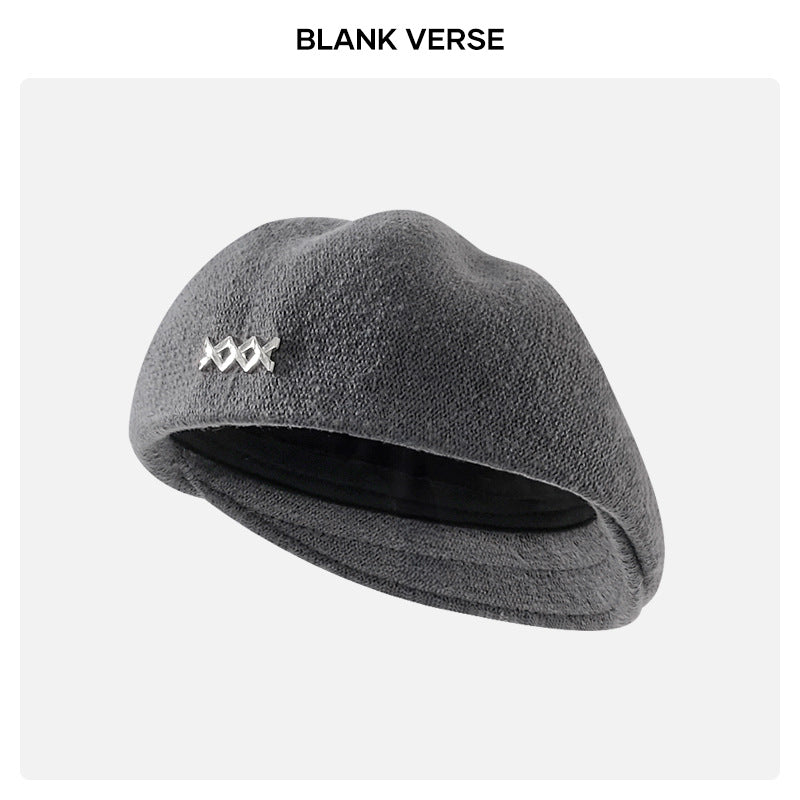Autumn and Winter New Metal Standard Beret Children Big Head Circumference Show Face Small Reverse Wear Woolen Forward Hat