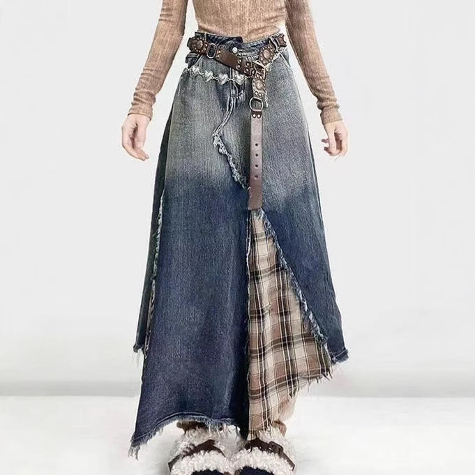 Vintage Grunge Plaid Maxi Skirt: Distressed Raw-Hem High Waist A-Line Thin Y2K Indie Fashion