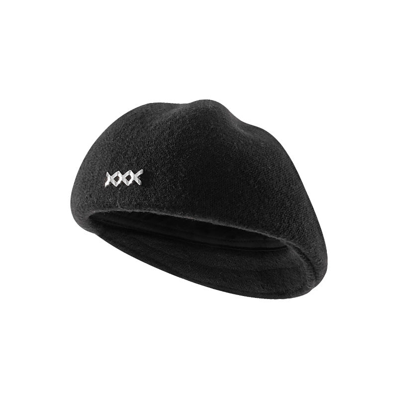Autumn and Winter New Metal Standard Beret Children Big Head Circumference Show Face Small Reverse Wear Woolen Forward Hat