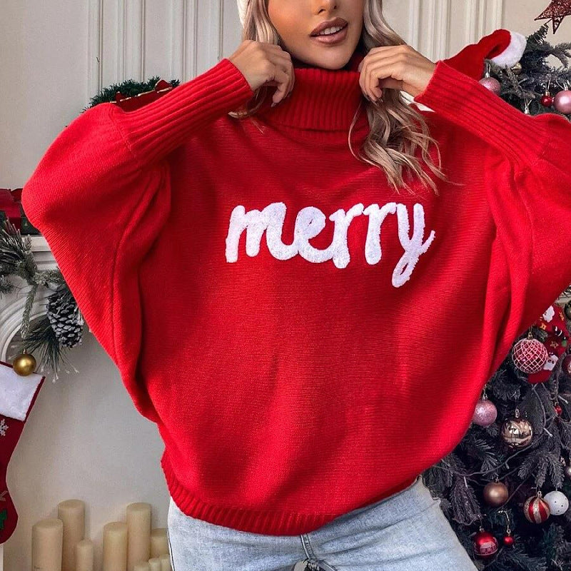 Christmas Turtleneck Sweater Women's Clothing Amazon Autumn and Winter Loose Bat Sleeves Outer Wear Knitted Top Women