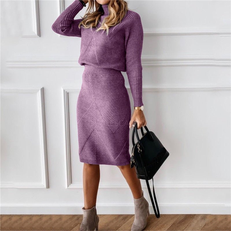 Autumn and Winter New Women's Clothing, European and American Turtleneck Knitted Solid Color Thickened Lapel Pullover Sweater Set