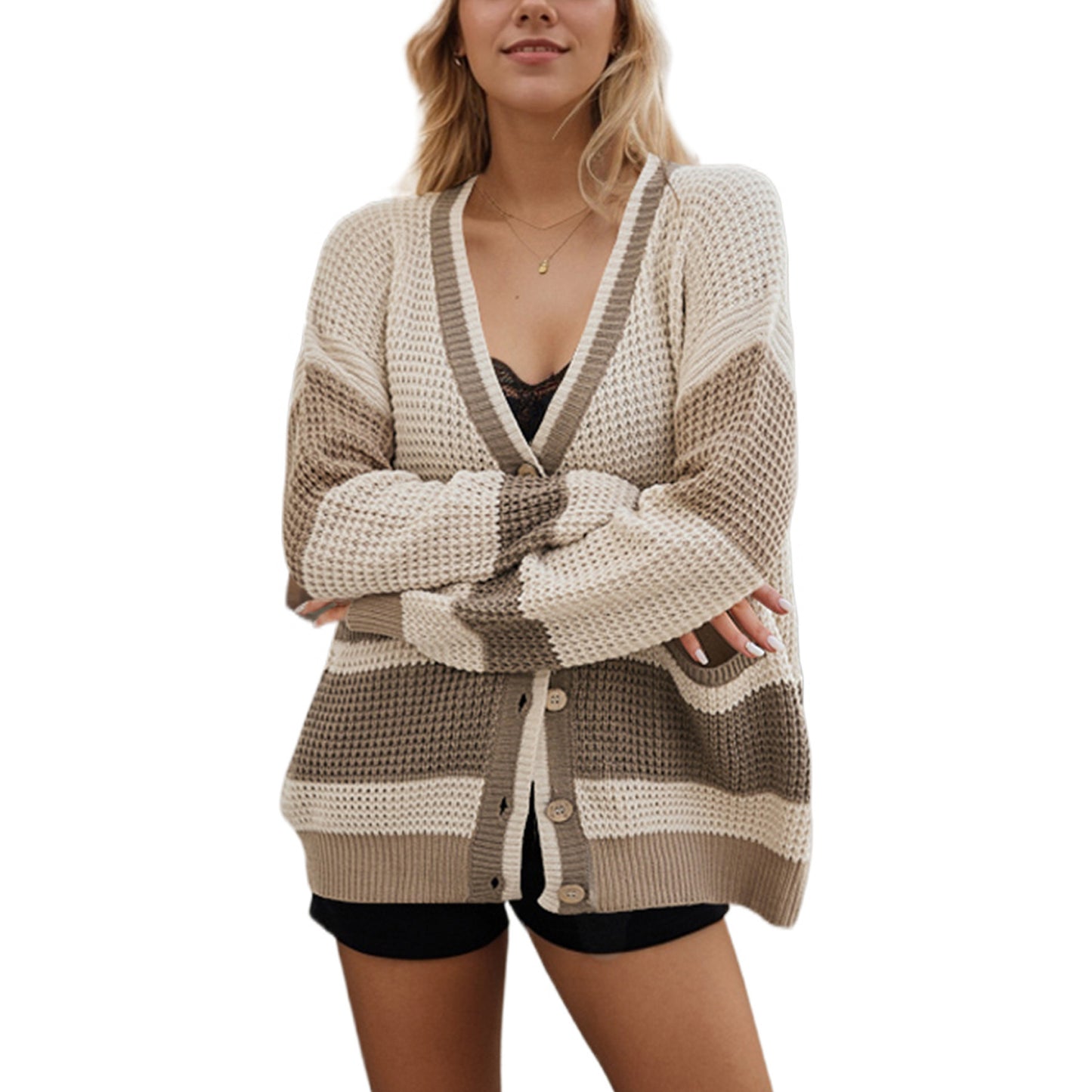 Autumn and Winter Hot Sale Knitted Jacket V-neck Large Size Pocket Color Matching Cardigan Sweater Women