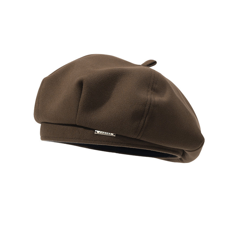 Autumn and Winter New Metal Standard Beret Children Big Head Circumference Show Face Small Reverse Wear Woolen Forward Hat