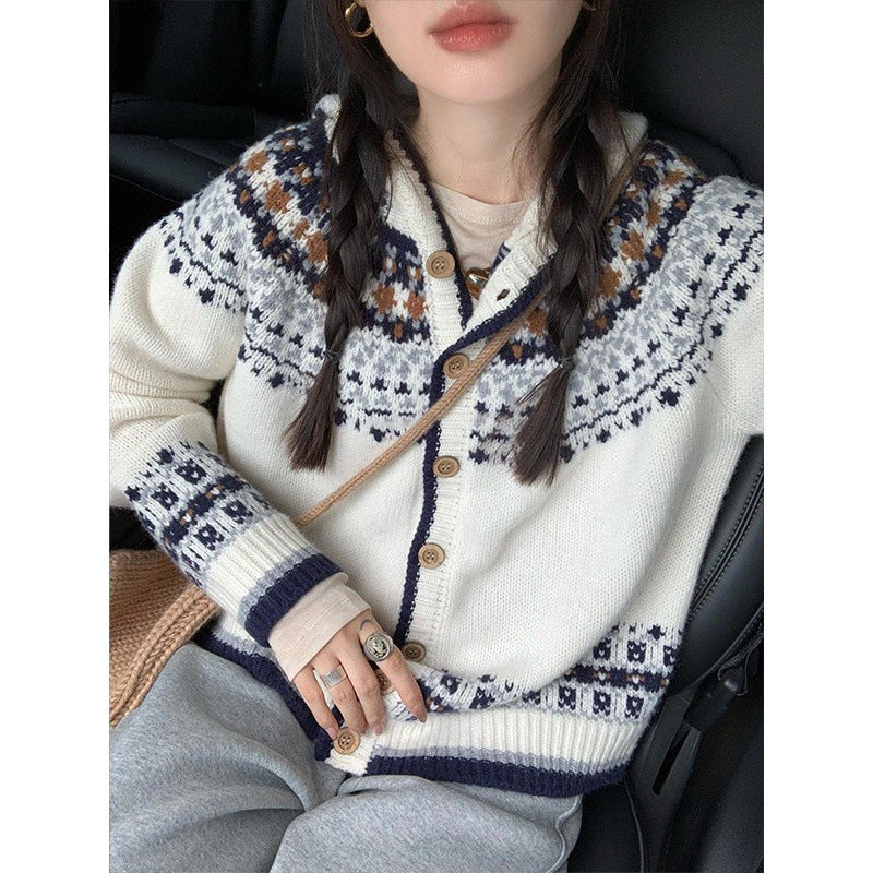 Vintage Fair Island Jacquard Knitted Cardigan Women's Autumn and Winter New Soft Waxy Sweater Jacket