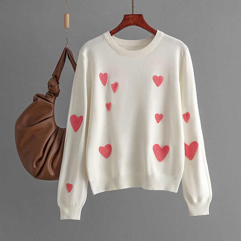 2024 autumn and winter new love flocking embroidery round neck long sleeve knitted sweater pullover bottoming shirt top women