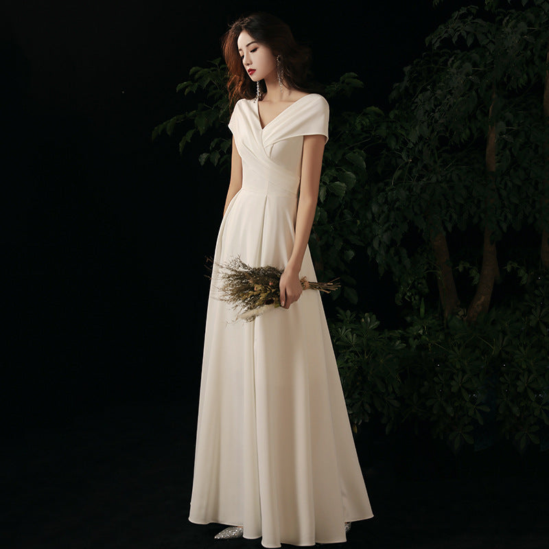 White Annual Meeting Evening Dress New Spring and Winter Banquet Temperament Satin Wedding Certificate Travel Photo Light Wedding Dress V-neck