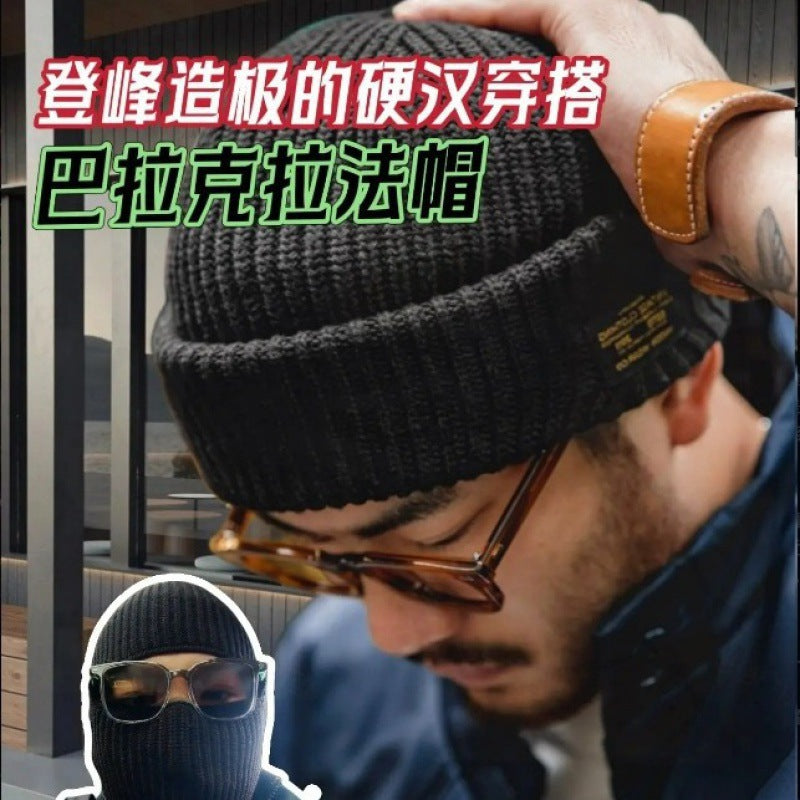 Balaclava hat, men's headgear, autumn and winter retro black wool knitted cold hat, windproof face mask