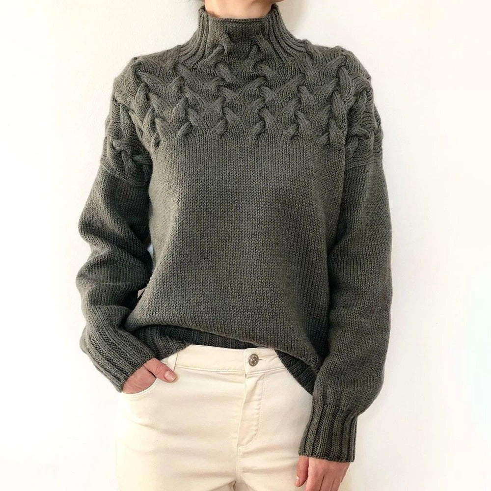 Women's Fashion Cable Knitted Detail Turtleneck Long Sleeve Sweater Women