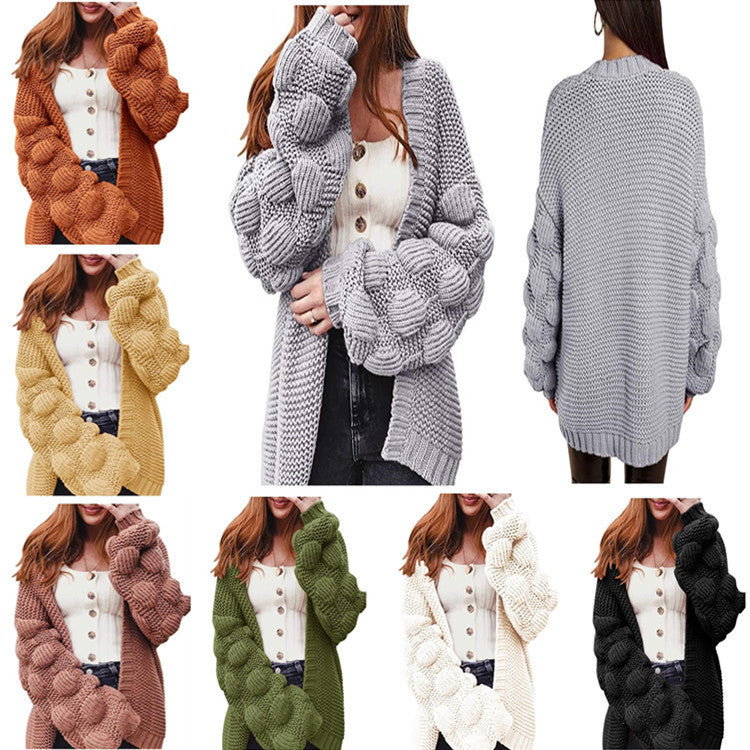 Cardigan Sweater Cross-border New Knitted Sweater Amazon Autumn and Winter Medium and Long Bubble Ball Loose Coat Women's Clothing