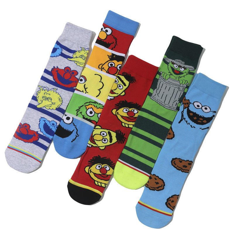 Wholesale Men's Cartoon Socks Cotton Medium Tube Tide Socks Sesame Street Cute Women Ins Socks-5PRS