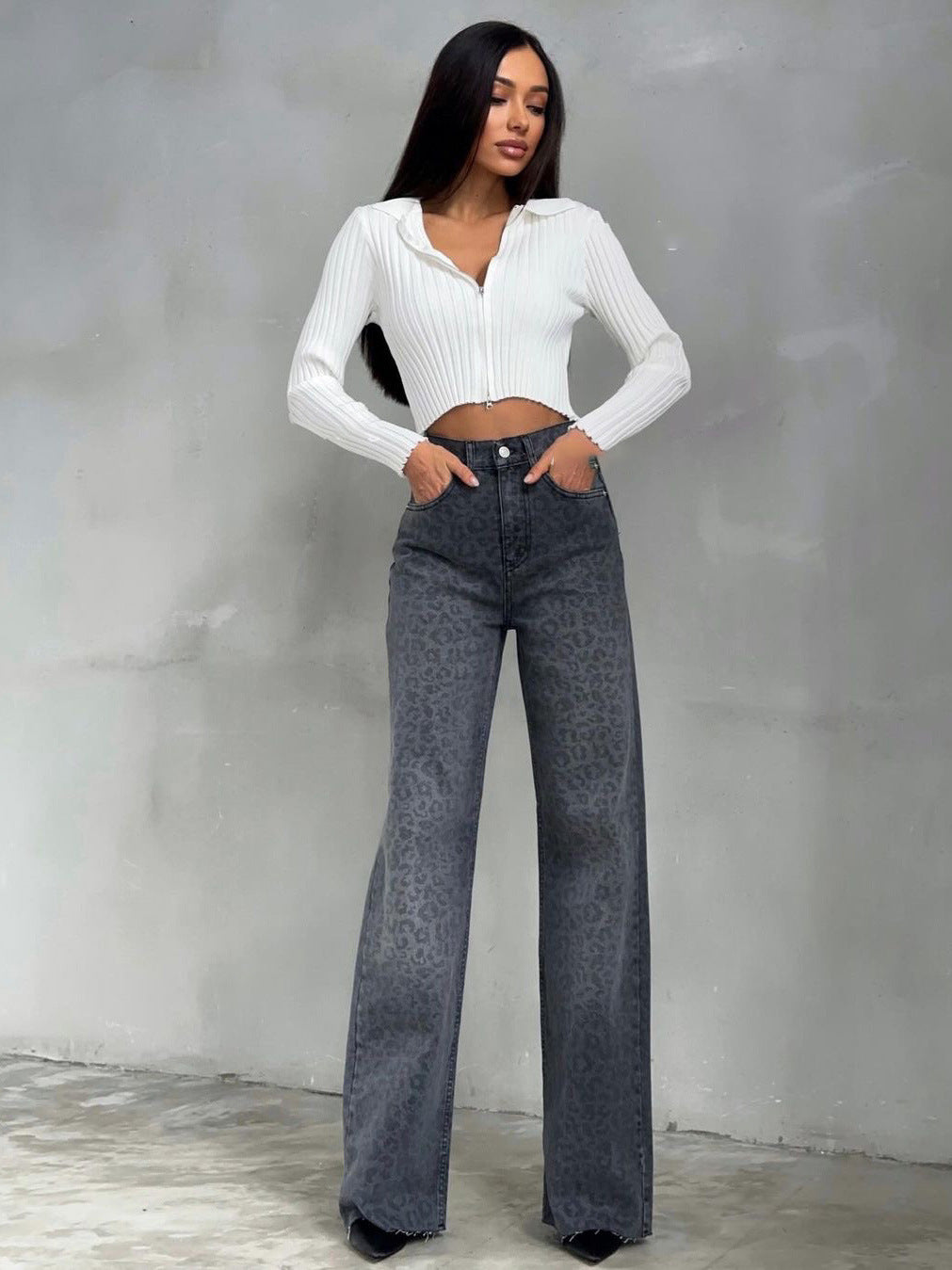 Women's Wide-leg Leopard Print Jeans Spring Summer Slim Straight Trousers Spice Girl Fashion Versatile Design