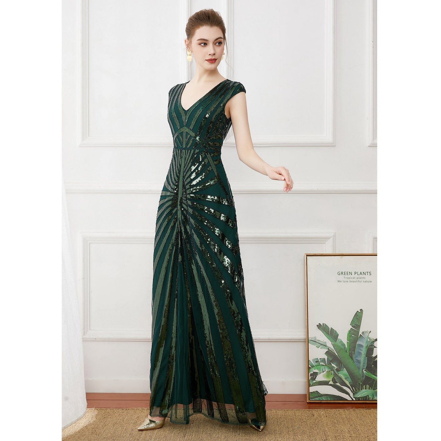 Vintage banquet dark green long sequined evening dress plus size bridesmaid wedding dress deep V elegant dress long dress