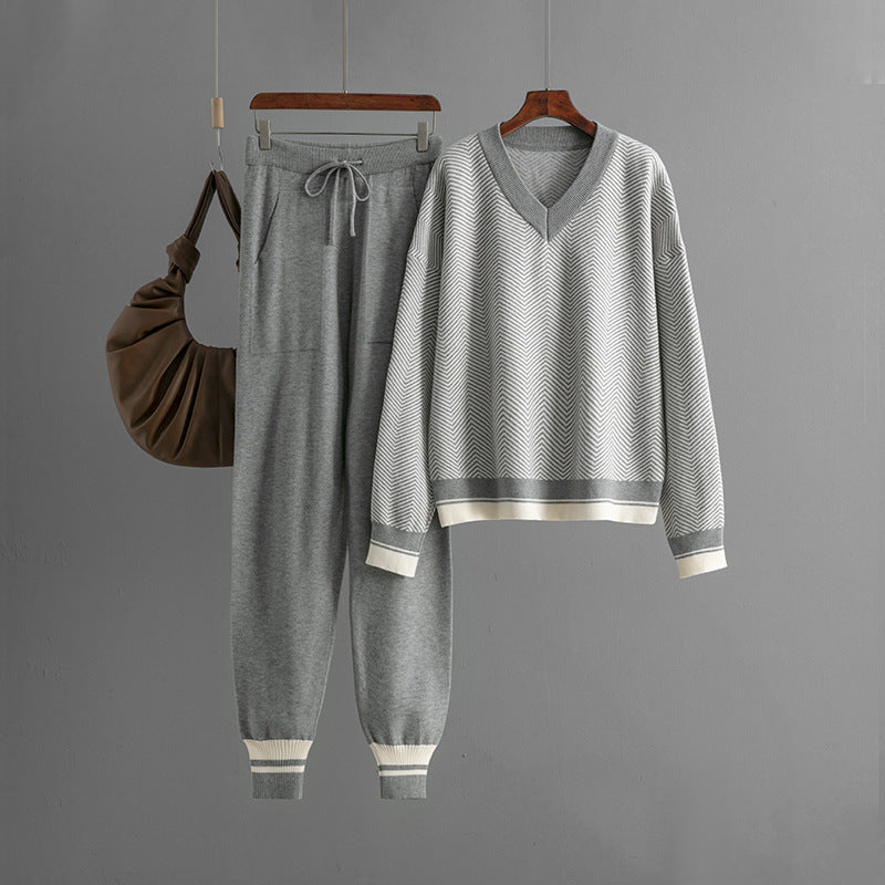 Autumn and winter new sweater set knitted striped V-neck large size loose long-sleeved commuter two-piece set