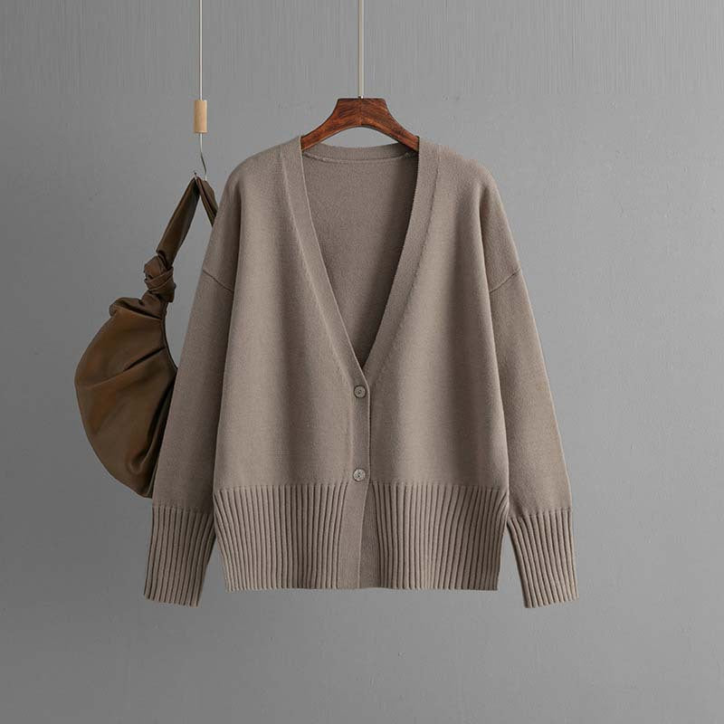 2024 autumn and winter new V-neck knitted cardigan solid color loose sweater jacket top