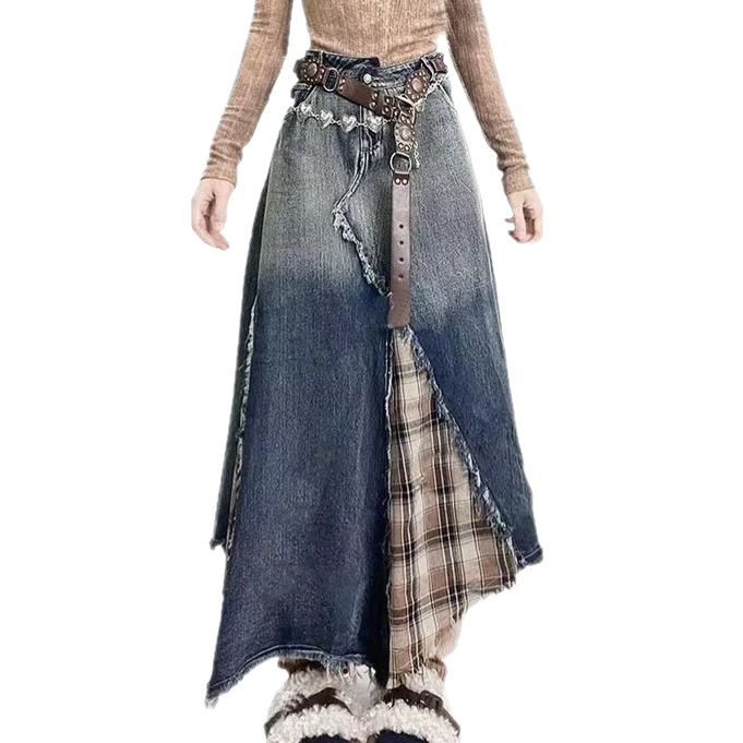 Vintage Grunge Plaid Maxi Skirt: Distressed Raw-Hem High Waist A-Line Thin Y2K Indie Fashion