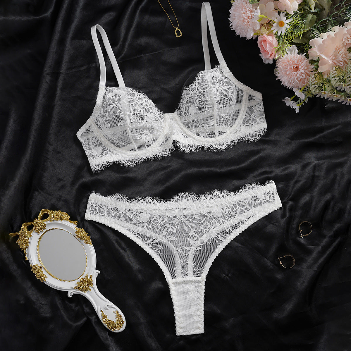 Blush Pink Lingerie Set: Scalloped Lace Balconette & Triangle Bralette