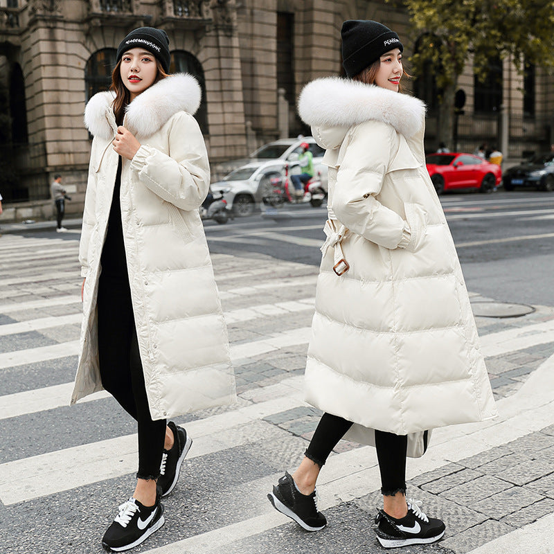 Women's long cotton-padded clothes hooded large sweater collar cotton-padded clothes are fashionable and versatile, simple and detachable fur collar jackets are trendy.
