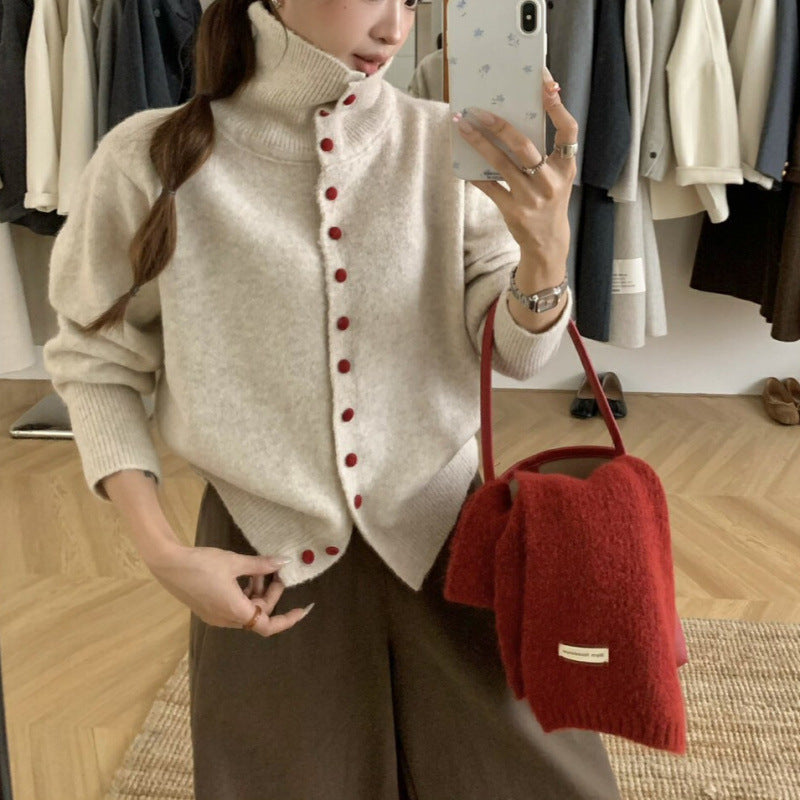 Casual Turtleneck Bag Buckle Sweater Cardigan Women's Autumn and Winter New Lazy Wind Knitted Outer Women's