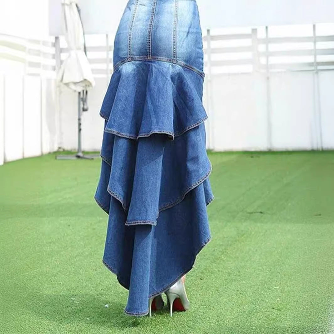 Elegant Bland Washed High and Low Ruffled Denim Tight Dress