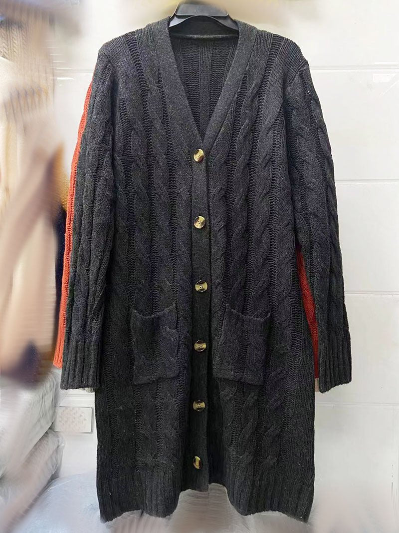 Autumn and Winter New Single-breasted Twist Pocket Solid Color Knitted Long Sweater Cardigan Jacket