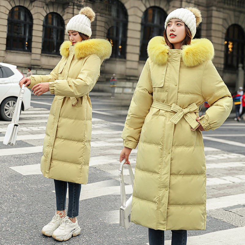 Women's long cotton-padded clothes hooded large sweater collar cotton-padded clothes are fashionable and versatile, simple and detachable fur collar jackets are trendy.