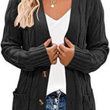 Autumn and Winter New Single-breasted Twist Pocket Solid Color Knitted Long Sweater Cardigan Jacket