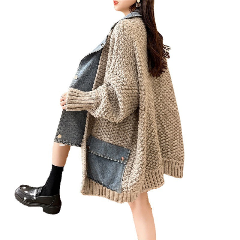 Autumn New Lazy Style Fake Two Pieces Design Loose Knitted Sweater Jacket Cardigan