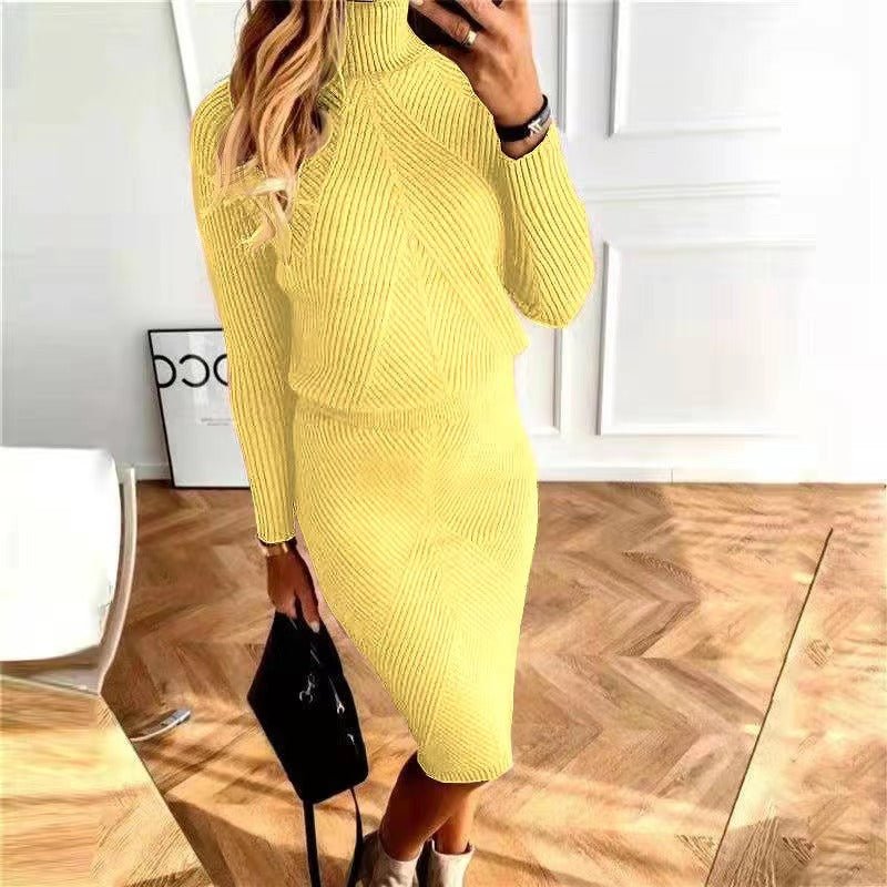 Autumn and Winter New Women's Clothing, European and American Turtleneck Knitted Solid Color Thickened Lapel Pullover Sweater Set