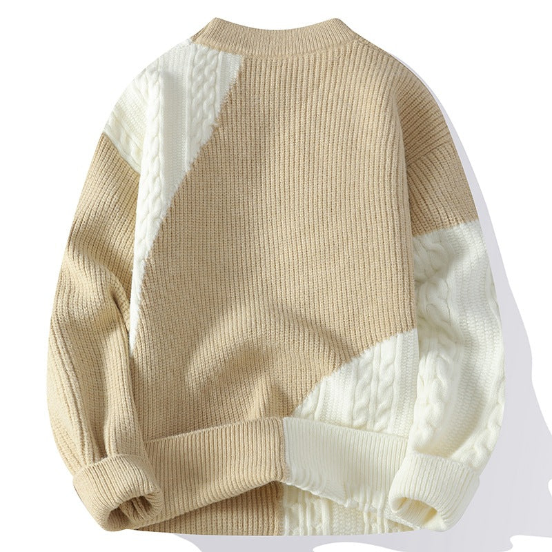 Contrasting Color Crew Neck Pullover Sweater Men's Spring Autumn Winter New Knitted Loose Casual Long-sleeved Bottoming