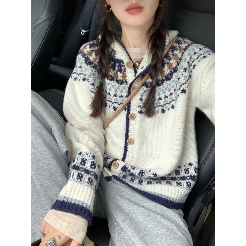 Vintage Fair Island Jacquard Knitted Cardigan Women's Autumn and Winter New Soft Waxy Sweater Jacket