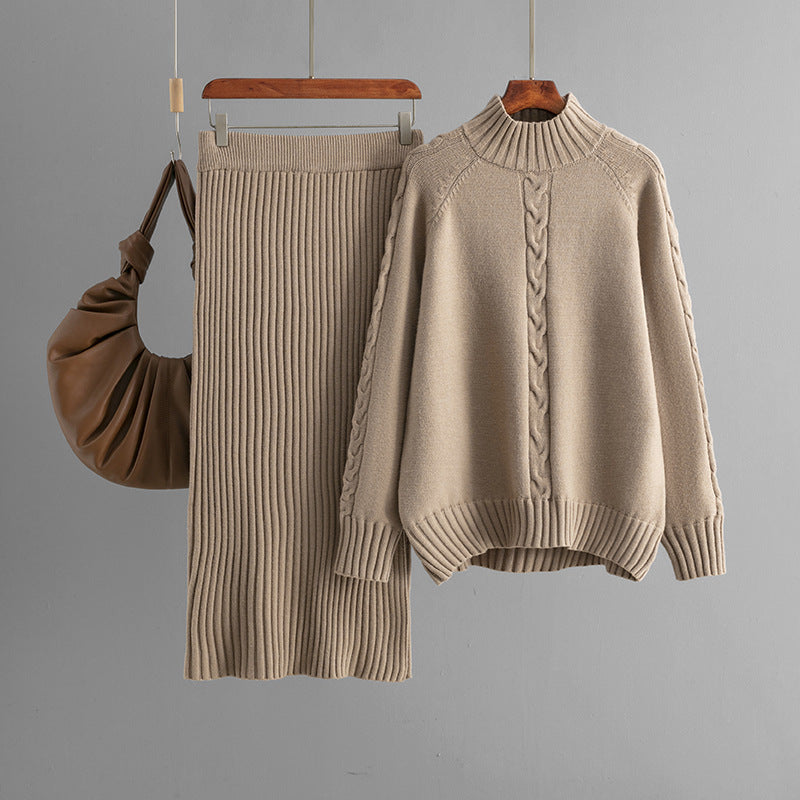 Winter New Sweater Women's Loose Knitted Semi-turtleneck Long-sleeved Threaded Fashion Skirt Set