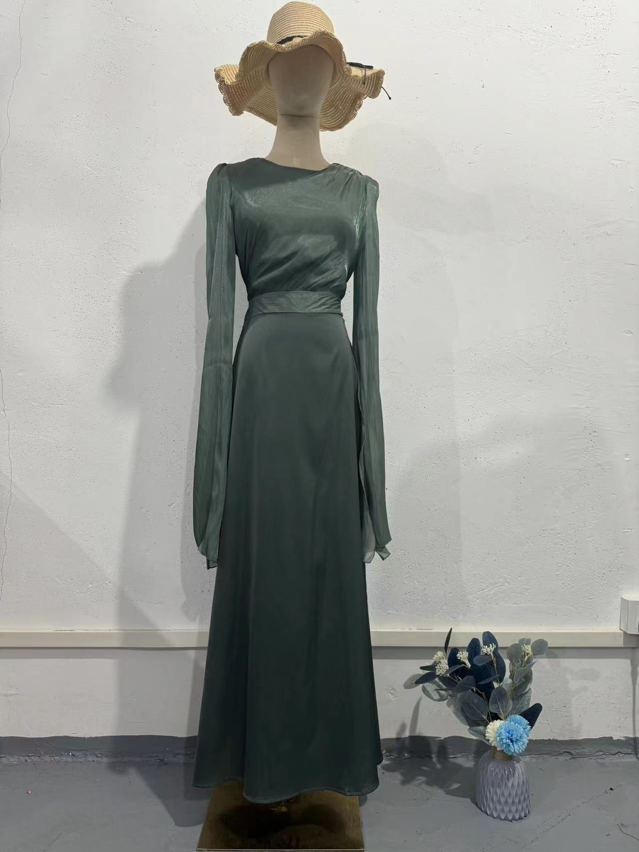 Boho Flowy Chiffon Maxi Dress - Tiered Sleeve Satin Slip