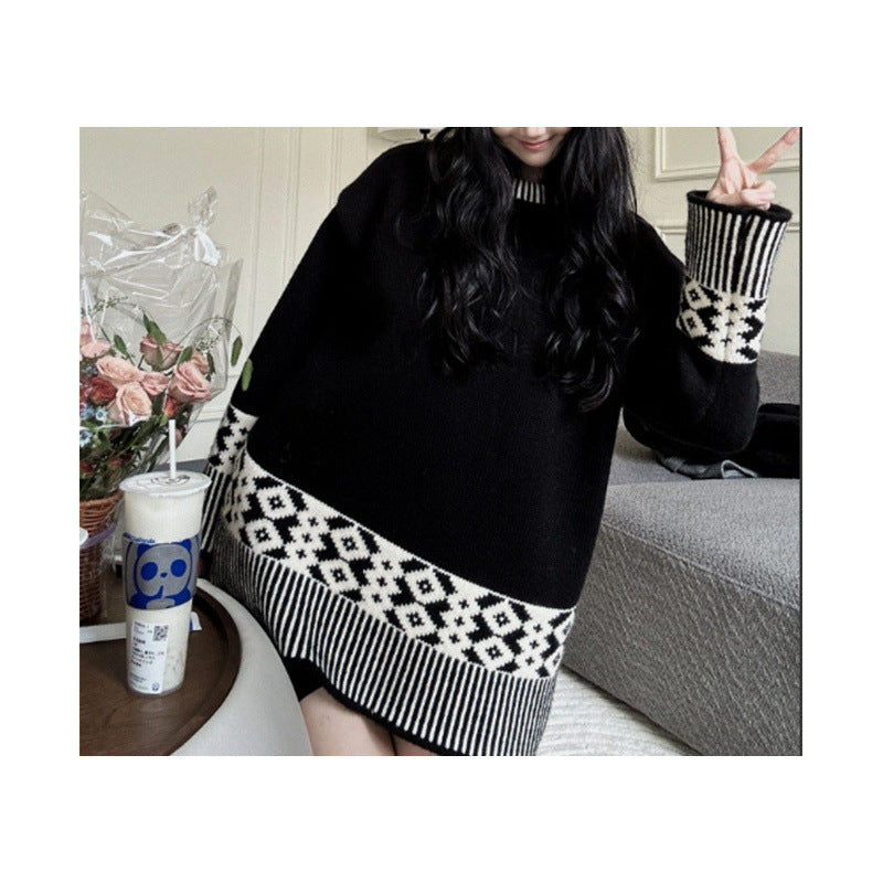 Retro Jacquard Knitted Sweater for Autumn and Winter Wear with Lazy Sweater Loose Top with Cap Set