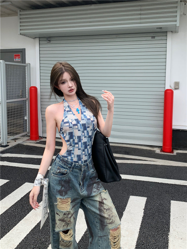 Retro Tie-dye Wasteland Wind Ripped Wide-leg Jeans Women's Summer Design Sense High Waist Thin Straight Mopping Pants