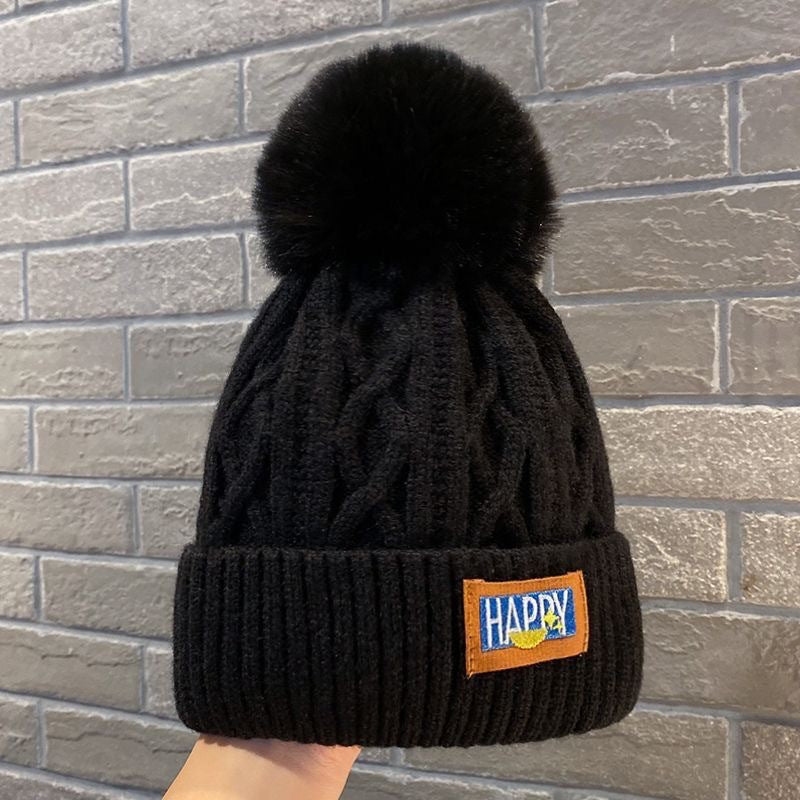 Winter New Happy Plush Women's Warm Thickened Knitted Hat Versatile Double-layer Ear Protection Hat