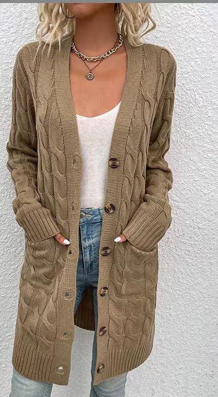 Autumn and Winter New Single-breasted Twist Pocket Solid Color Knitted Long Sweater Cardigan Jacket