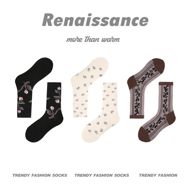 Vintage Renaissance Women’s/Kids’ Thermal Socks - Retro Combed Cotton, Fall-Winter Trendy Design-3PRS