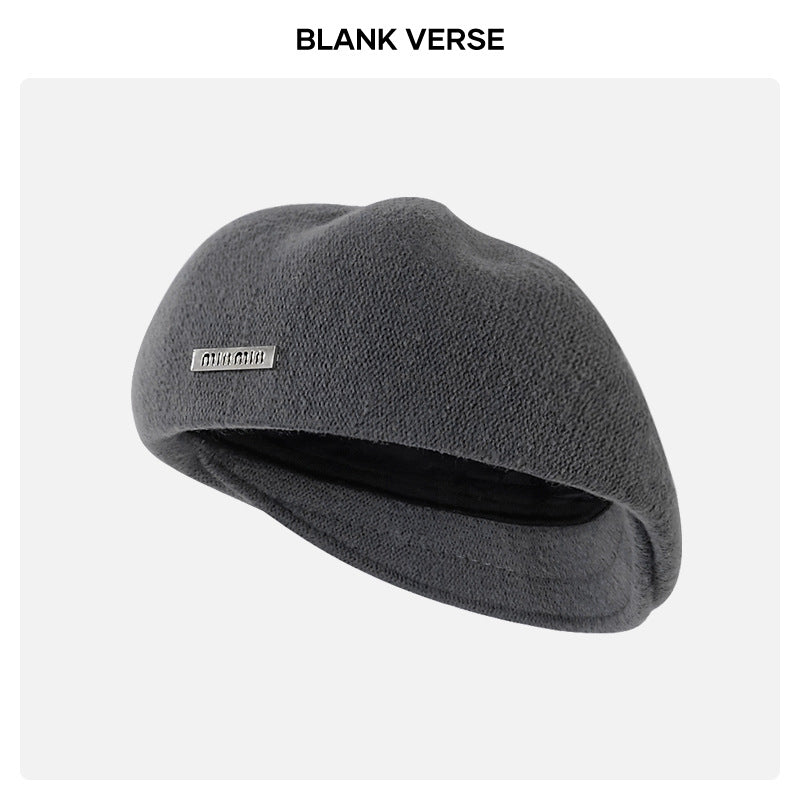Autumn and Winter New Metal Standard Beret Children Big Head Circumference Show Face Small Reverse Wear Woolen Forward Hat