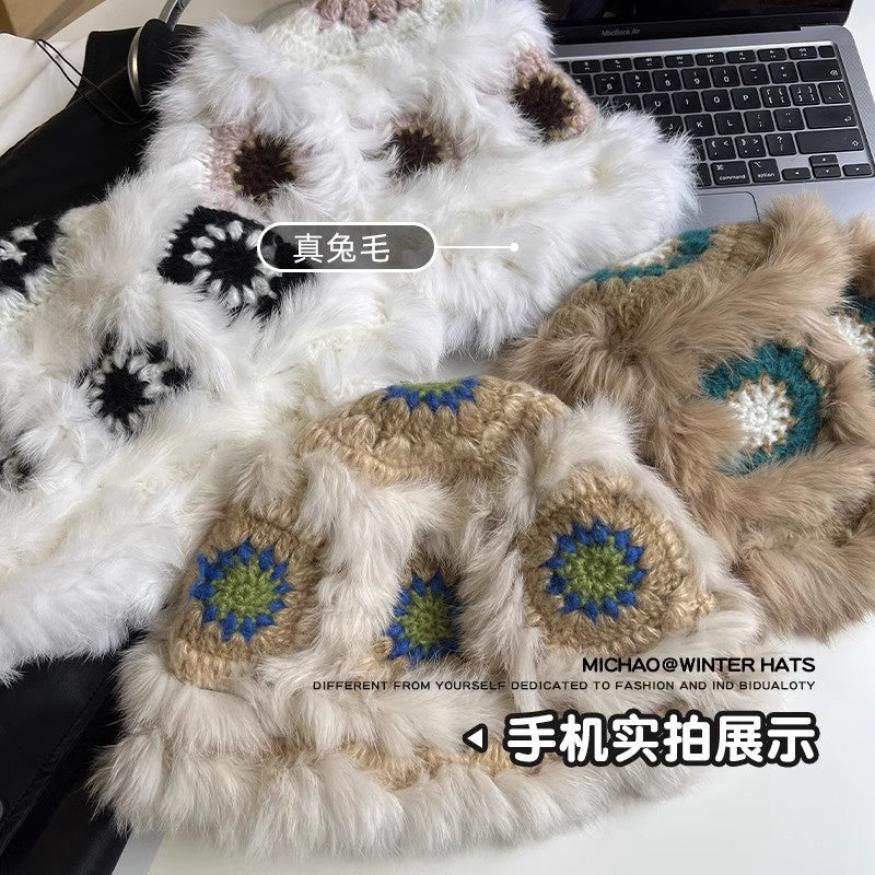 Big Puff Plush Rabbit Hair Handwoven Lion Dancing Hat Cold Fisherman Children Cute Plush Knitted Basin Women Hat