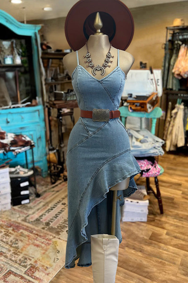 Trendy Women’s Asymmetrical Denim Suspender Dress - Diagonal Hem Summer Casual Boho Chic Outfit