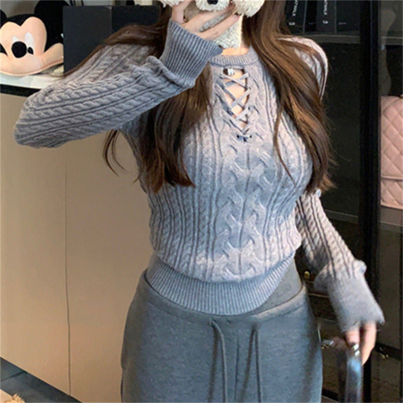 Autumn and Winter New Retro Design Long-sleeved Knitted Sweater Slim and Thin Fashion Hollow Bottom Top Women's Clothing