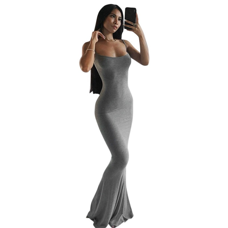 2025 Solid Color Women's Dress Slim Peach Hip Suspender Long Fishtail Skirt