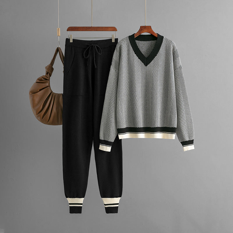 Autumn and winter new sweater set knitted striped V-neck large size loose long-sleeved commuter two-piece set