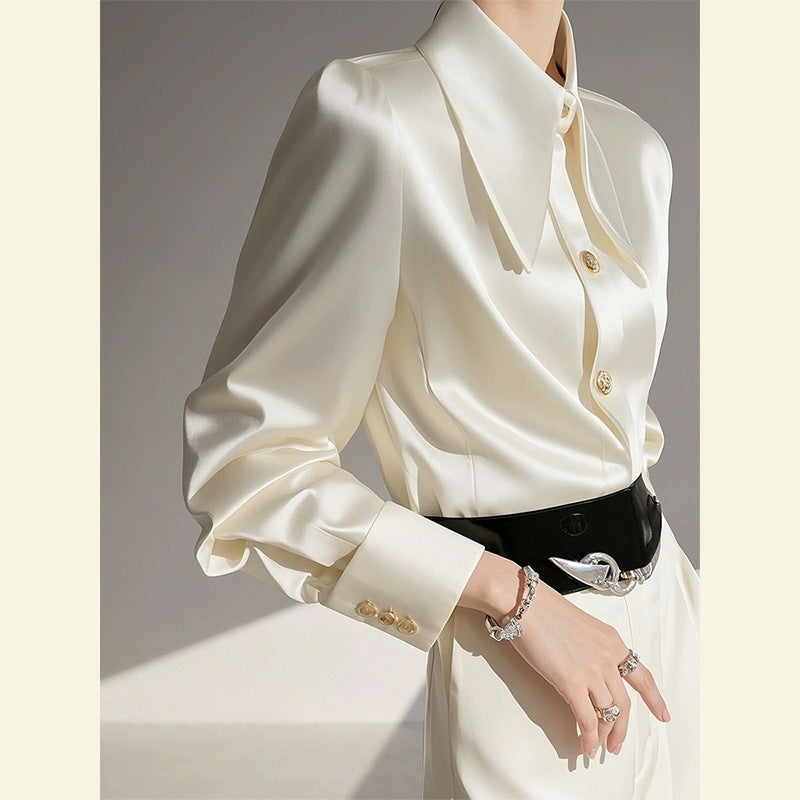 Chic French Cropped Satin Shirt - Creamy White Acetic Acid Spring Autumn Blouse