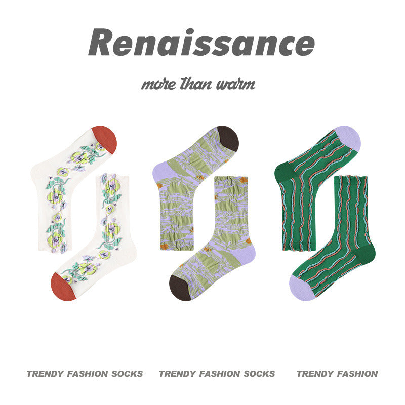 Vintage Renaissance Women’s/Kids’ Thermal Socks - Retro Combed Cotton, Fall-Winter Trendy Design-3PRS